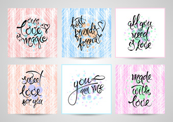 Vector set of hand drawn letters, postcards on the theme of love, friendship and relationships.