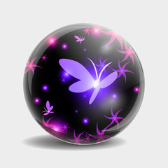 Glass ball in which fly a purple butterfly