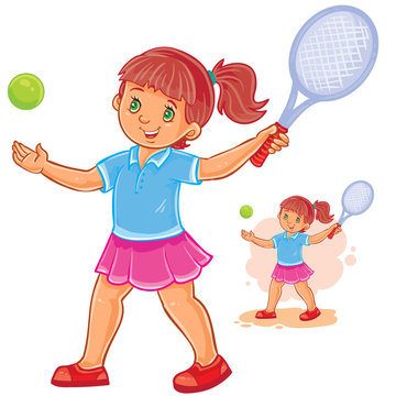 Vector illustration of little girl playing tennis, tennis player ready to hit the ball with a racket. Print