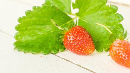 Fresh strawberries with leaf on old white wooden background