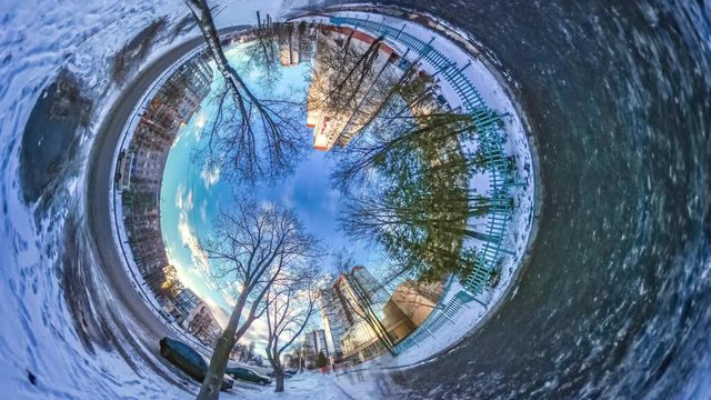 Sunny Day in Chernihiv Hole Planet 360 Degree Winter Cityscape in Sunny Day Spring Buildings and Transportation Nice Weather For Walk Travel to Ukraine