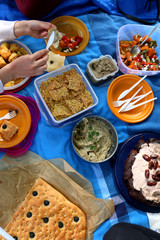 Unrecognizable person eating various picnic food: roasted vegetables salad, baba ghanoush, gluten-free crackers, foccacia bread, fried rice balls, gluten-free and sugarfree dates cake.

