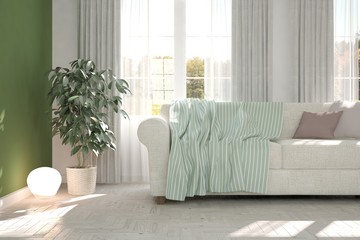 White modern room with sofa. Scandinavian interior design. 3D illustration