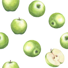 Hand-drawn watercolor seamless pattern with green apples on the white background. Repeated background.