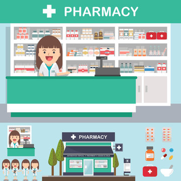 Vector pharmacy drugstore set design, shop store, package, t-shirt, cap, uniform and front display design/ layout set of corporate identity mock up template.