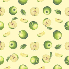 Hand drawn seamless pattern with watercolor green apples. Apples and leaves on the white background. Vintage style