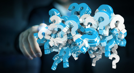 Businessman using 3D rendering question marks