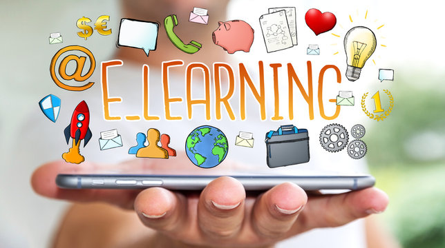 Businessman holding hand-drawn e-learning presentation