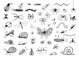 Set of Hand Drawn Insects or Small Animals Sketch Vector Illustration Isolated on White Background - obrazy, fototapety, plakaty