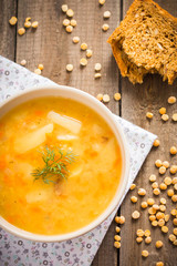 Homemade pea soup with bread on a wooden table. Vegetable soup. Healthy eating. Clean eating.