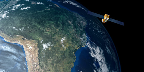 Extremely detailed and realistic high resolution 3D image of a Satellite orbiting Earth above South America. Shot from outer space. Elements of this image are furnished by NASA.