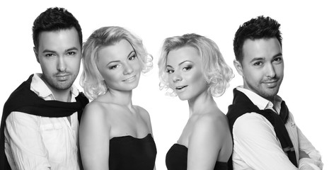 Couple brunet man and blond woman isolated on white background. black and white color