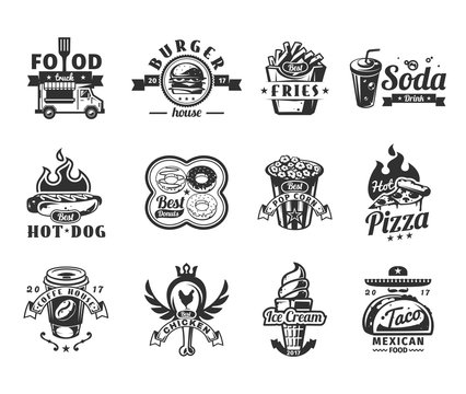 Set of vector black fast food icons, badges with food truck, hamburger, pizza, ice cream, hot dog, roast chicken, french fries, taco, donut, coffee and pop corn