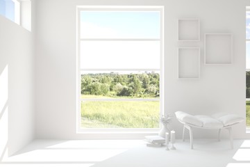 White room with chair and green landscape in window. Scandinavian interior design. 3D illustration