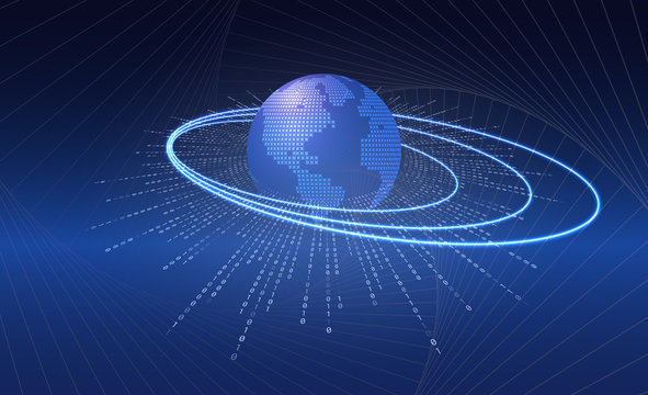 Abstract futuristic network shapes. High tech HUD background, connecting lines and dots, polygonal linear texture. World globe on blue.