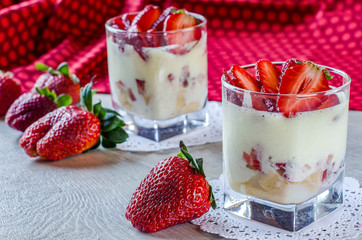 Dessert in glass cups with strawberries