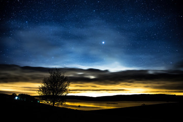 Fototapeta na wymiar Sunset & stars over Llyn reservoir located in Wales, in the heart of the Denbigh Moors