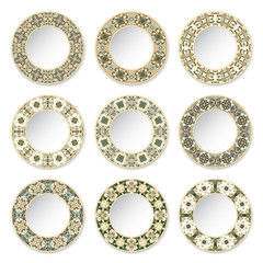Set of decorative plates with a circular pattern and gold contour, top view. White background. Vector illustration.