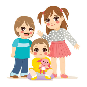 Illustration of siblings family with small baby middle brother boy and big sister