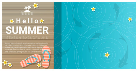 Fototapeta premium Hello summer background with sandals on wooden pier , vector , illustration
