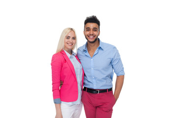 Beautiful Young Happy Couple Love Smiling Embracing, Hispanic Man Woman Smile Isolated Over White Background