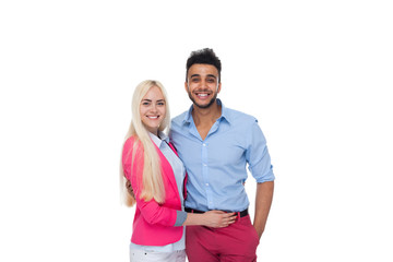 Fototapeta premium Beautiful Young Happy Couple Love Smiling Embracing, Hispanic Man Woman Smile Isolated Over White Background