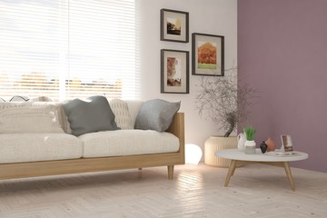 White modern room with sofa. Scandinavian interior design. 3D illustration