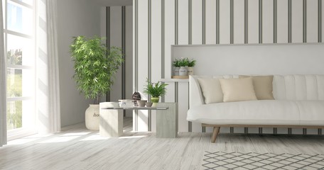 White room with sofa and green landscape in window. Scandinavian interior design. 3D illustration