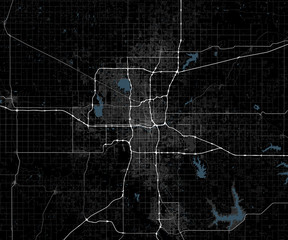 Black and white map of Oklahoma City. Oklahoma Roads
