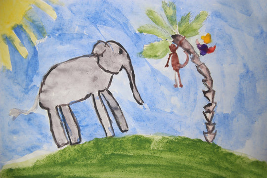 Child's drawing gouache "gray elephant"