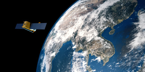 Extremely detailed and realistic high resolution 3D image of a Satellite orbiting Earth above India and Asia.. Shot from outer space. Elements of this image are furnished by NASA. © Sasa Kadrijevic