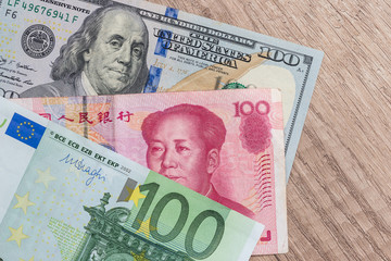 Close up of foreign currency banknotes as background.