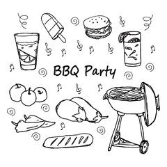 Hand drawn doodle BBQ party icons set