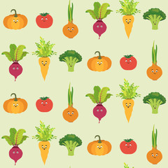 Vector seamless pattern with cartoon vegetable character. Cute tomato, pumpkin, beet, broccoli, onion and carrot