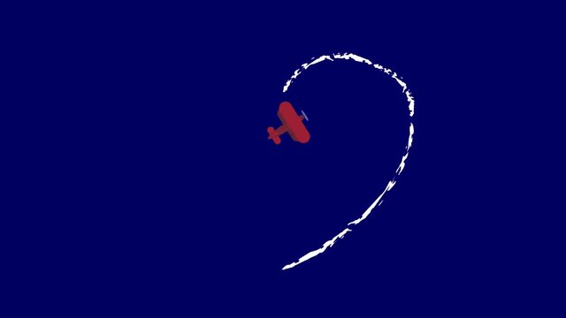Cartoon airplane drawing a heart symbol in the sky. Retro toy biplane with love symbol on dark blue background. Decorative design element for Valentine's day