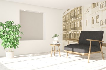 White modern room with armchair. Scandinavian interior design. 3D illustration