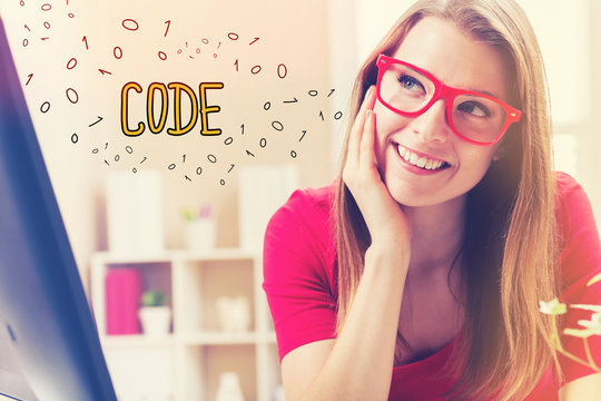 Code text with young woman