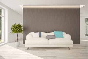 White modern room with sofa. Scandinavian interior design. 3D illustration