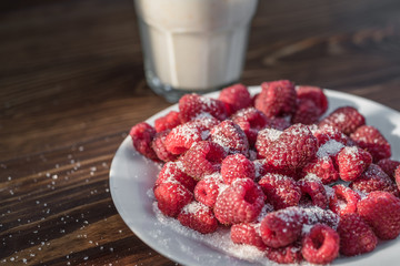 Ripe raspberry on a white plate powdered with sugar. Plate on a wooden table. Sunlight shines through the frame of a window. Glass of yoghurt at the background.
