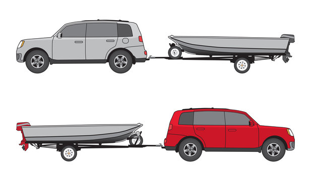Sport utility vehicle in two different color schemes is towing a boat on trailer