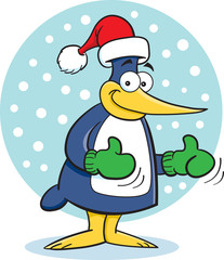 Cartoon illustration of a penguin wearing a Santa hat with a background.