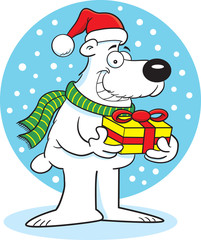 Cartoon illustration of a polar bear holding a gift with a background.