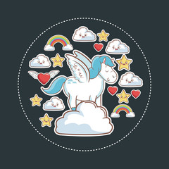 unicorn magic fantasy with kawaii star cloud rainbow heart vector illustration