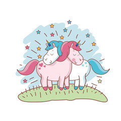 character unicorn couple loving meadow vector illustration