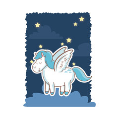 cute unicorn wings over cloud night star poster design vector illustration