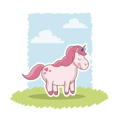 pink unicorn standing wings happy decoration landscape vector illustration