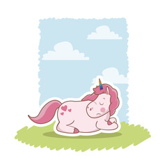 pink unicorn sleeping over meadow vector illustration