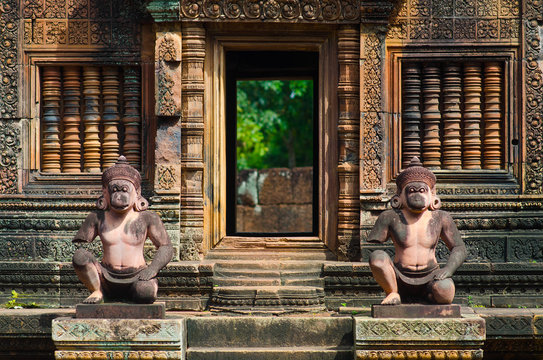 Karuda Bird Gardians Carvings at Banteay Srei Red Sandstone Temple, Cambodia