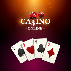 Shining casino banner. Spotlight poker design with playing cards. Casino poster