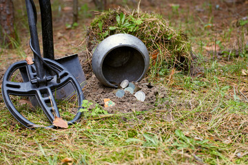 Search for treasure using a metal detector and shovel.